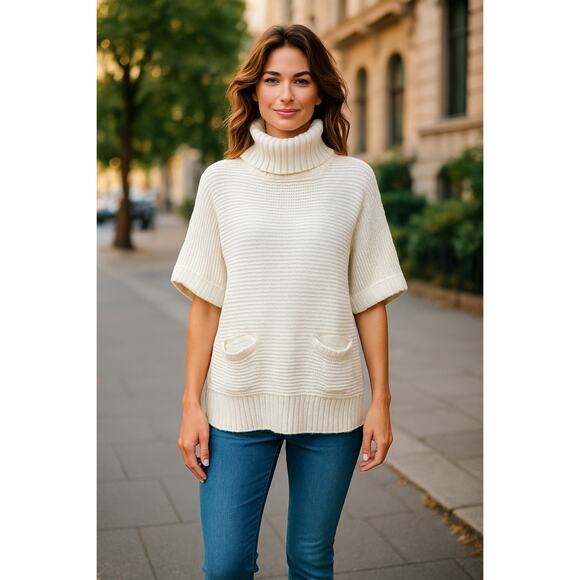 J Crew Turtleneck Poncho Sweater Short Sleeve Ivory Merino Wool Blend Size Small - Picture 1 of 8